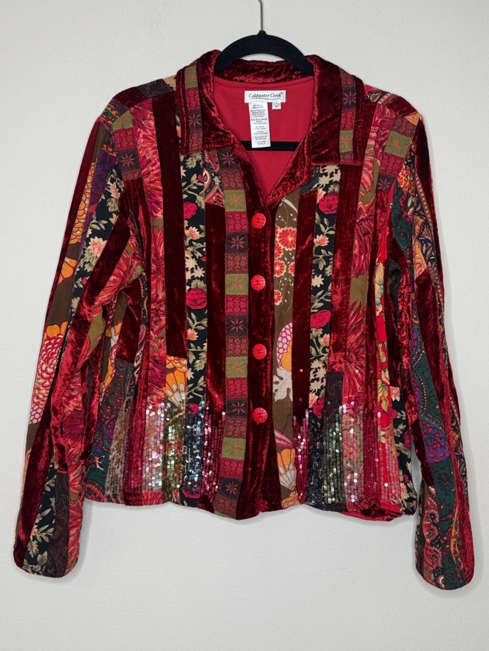 Coldwater Creek Multi-Red Velvet Patchwork Blazer Artsy Boho M
